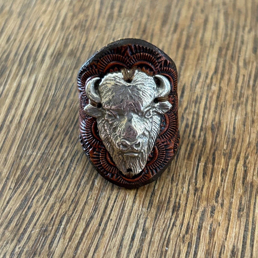 Leather Buffalo Bison Head Ring